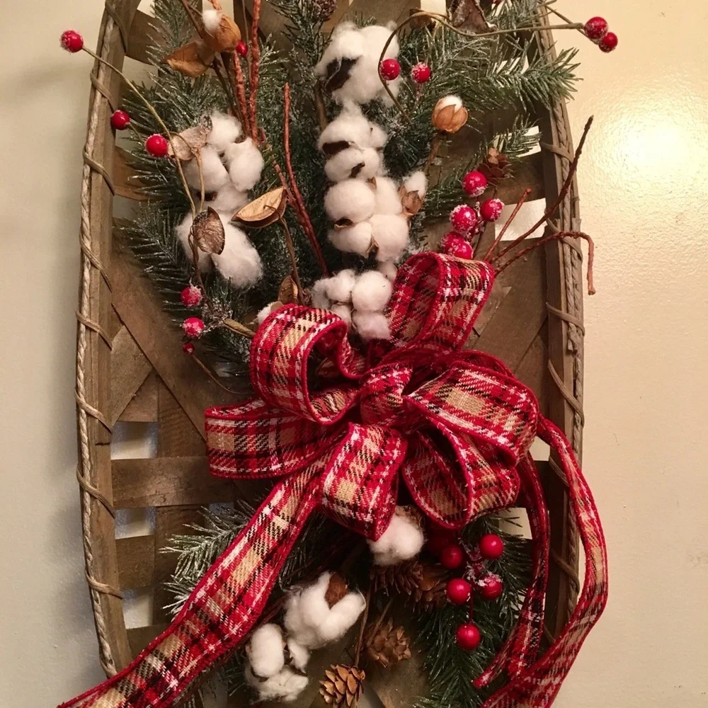 New Farmhouse Christmas Floral Plaid Rustic Winter Cotton Tobacco Basket